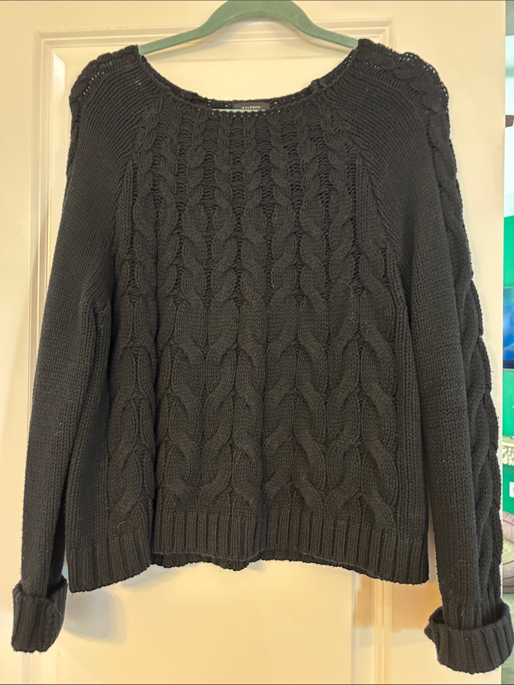 Halogen Black Cable-Knit Crewneck Sweater